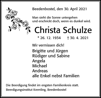 Traueranzeige von Christa Schulze von Cellesche Zeitung