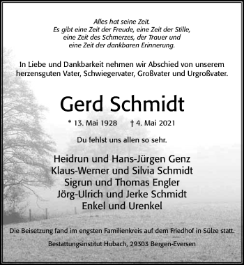 Traueranzeige von Gerd Schmidt von Cellesche Zeitung