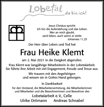 Traueranzeige von Heike Klemt von Cellesche Zeitung