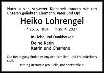 Traueranzeige von Heiko Lohrengel von Cellesche Zeitung