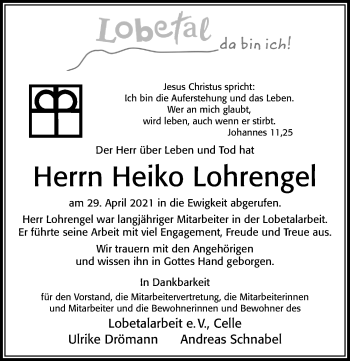Traueranzeige von Heiko Lohrengel von Cellesche Zeitung
