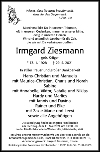 Traueranzeige von Irmgard Ziesmann von Cellesche Zeitung
