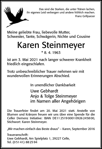 Traueranzeige von Karen Steinmeyer von Cellesche Zeitung