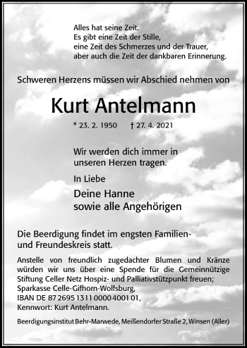Traueranzeige von Kurt Antelmann von Cellesche Zeitung