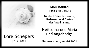 Traueranzeige von Lore Schepers von Cellesche Zeitung