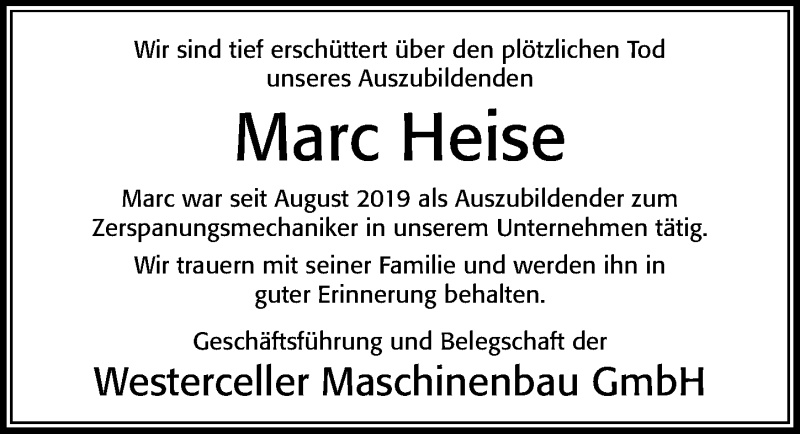  Traueranzeige für Marc Heise vom 08.05.2021 aus Cellesche Zeitung
