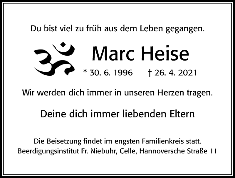  Traueranzeige für Marc Heise vom 08.05.2021 aus Cellesche Zeitung