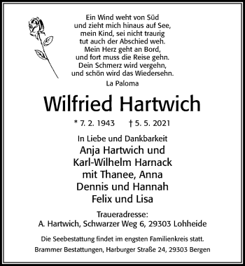 Traueranzeige von Wilfried Hartwich von Cellesche Zeitung