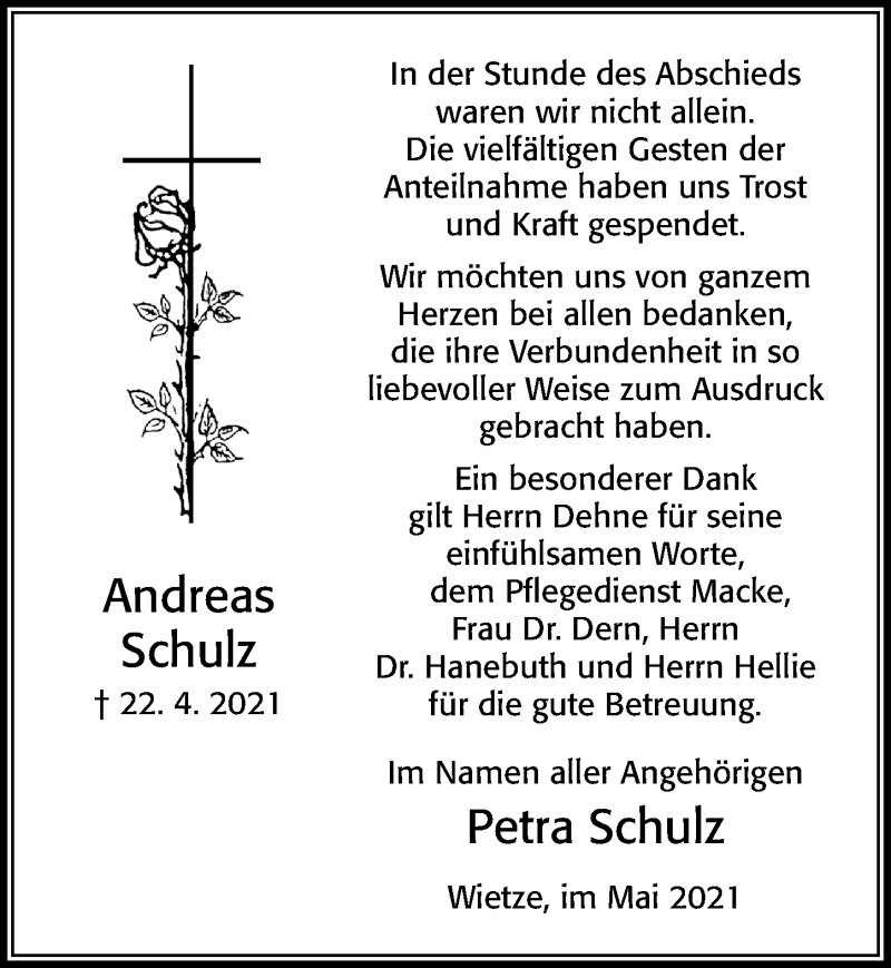  Traueranzeige für Andreas Schulz vom 22.05.2021 aus Cellesche Zeitung