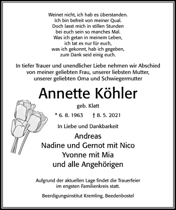 Traueranzeige von Annette Köhler von Cellesche Zeitung