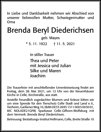 Traueranzeige von Brenda Beryl Diederichsen von Cellesche Zeitung