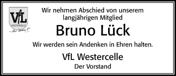 Traueranzeige von Bruno Lück von Cellesche Zeitung