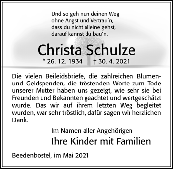 Traueranzeige von Christa Schulze von Cellesche Zeitung