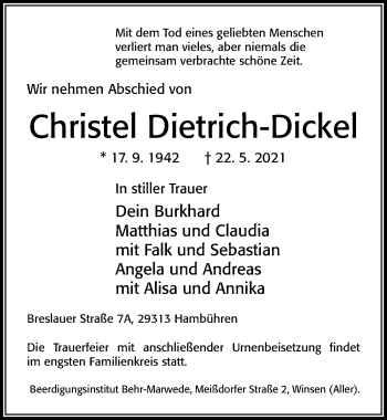 Traueranzeige von Christel Dietrich-Dickel von Cellesche Zeitung