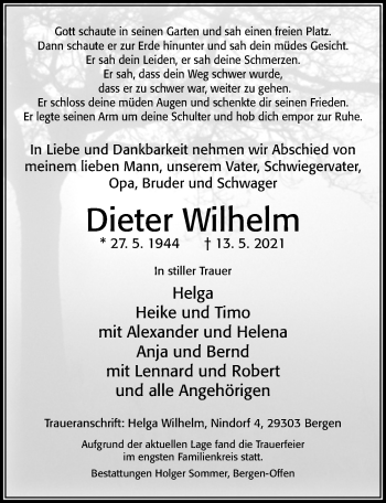 Traueranzeige von Dieter Wilhelm von Cellesche Zeitung