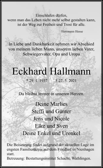 Traueranzeige von Eckhard Hallmann von Cellesche Zeitung