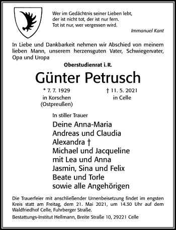 Traueranzeige von Günter Petrusch von Cellesche Zeitung