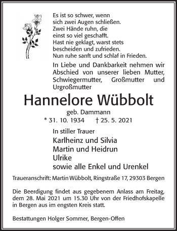 Traueranzeige von Hannelore Wübbolt von Cellesche Zeitung
