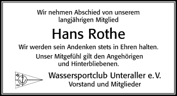 Traueranzeige von Hans Rothe von Cellesche Zeitung