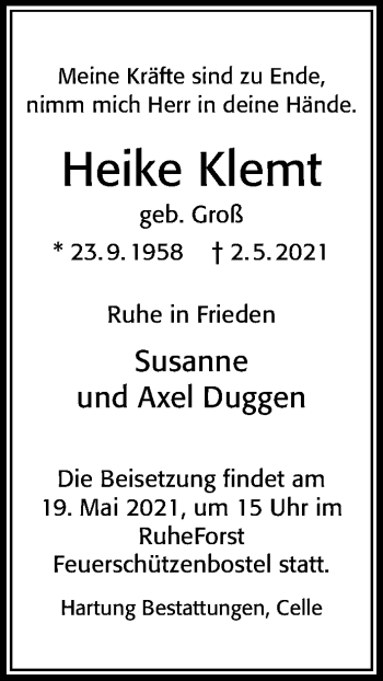 Traueranzeige von Heike Klemt von Cellesche Zeitung