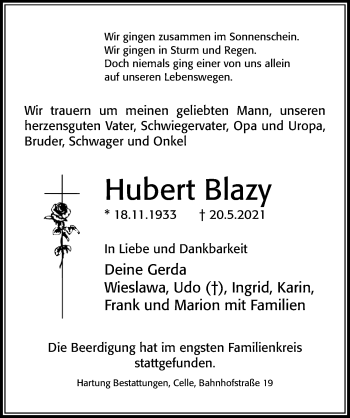 Traueranzeige von Hubert Blazy von Cellesche Zeitung