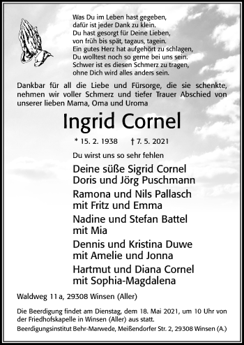 Traueranzeige von Ingrid Cornel von Cellesche Zeitung