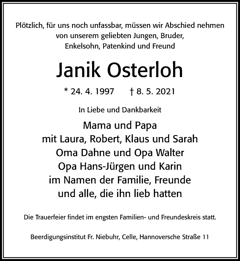  Traueranzeige für Janik Osterloh vom 15.05.2021 aus Cellesche Zeitung