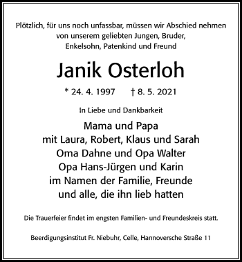 Traueranzeige von Janik Osterloh von Cellesche Zeitung