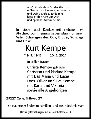 Traueranzeige von Kurt Kempe von Cellesche Zeitung