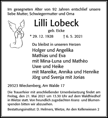 Traueranzeige von Lilli Lobeck von Cellesche Zeitung