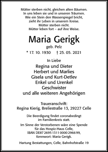 Traueranzeige von Maria Gerigk von Cellesche Zeitung