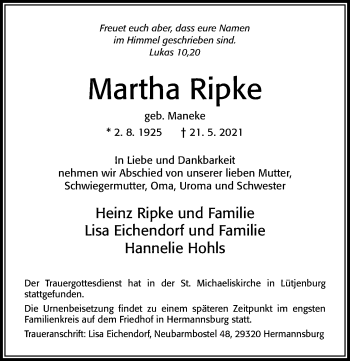 Traueranzeige von Martha Ripke von Cellesche Zeitung