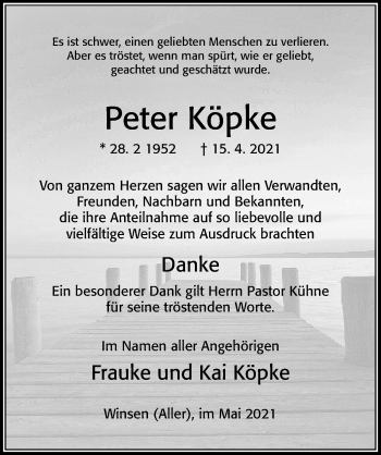 Traueranzeige von Peter Köpke von Cellesche Zeitung