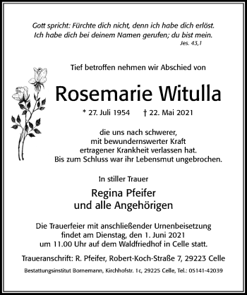 Traueranzeige von Rosemarie Witulla von Cellesche Zeitung