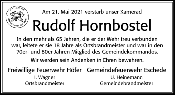 Traueranzeige von Rudolf Hornbostel von Cellesche Zeitung