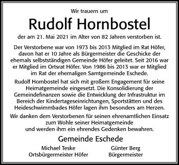 Traueranzeige von Rudolf Hornbostel von Cellesche Zeitung