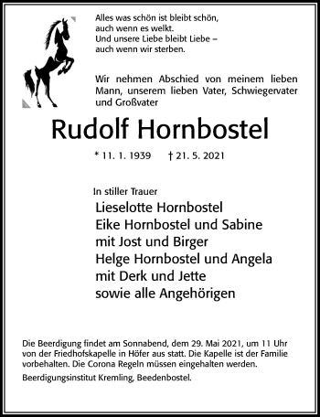 Traueranzeige von Rudolf Hornbostel von Cellesche Zeitung