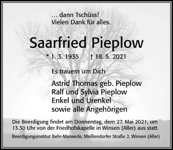 Traueranzeige von Saarfried Pieplow von Cellesche Zeitung