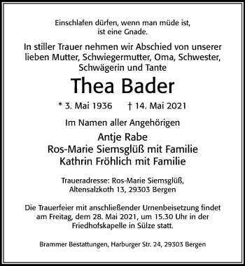 Traueranzeige von Thea Bader von Cellesche Zeitung