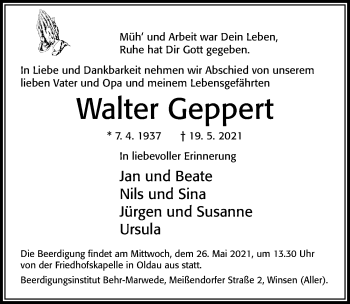 Traueranzeige von Walter Geppert von Cellesche Zeitung