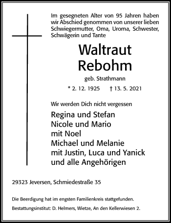 Traueranzeige von Waltraut Rebohm von Cellesche Zeitung