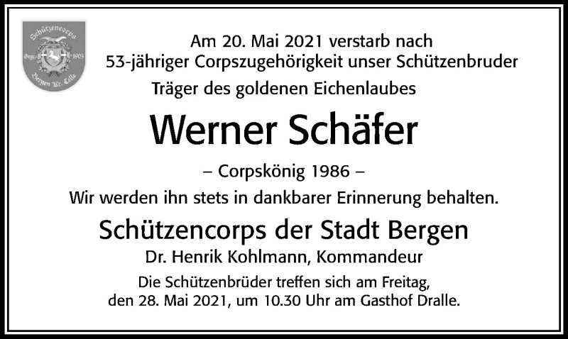  Traueranzeige für Werner Schäfer vom 26.05.2021 aus Cellesche Zeitung