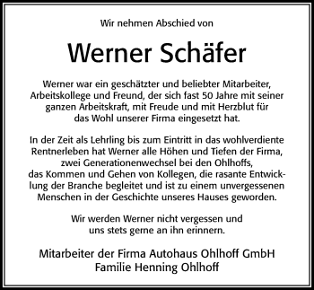 Traueranzeige von Werner Schäfer von Cellesche Zeitung