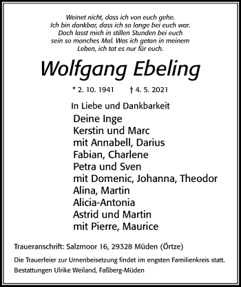 Traueranzeige von Wolfgang Ebeling von Cellesche Zeitung