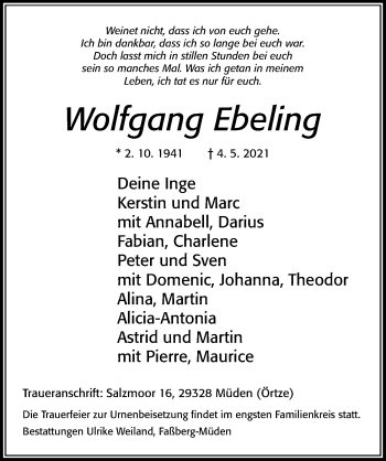 Traueranzeige von Wolfgang Ebeling von Cellesche Zeitung