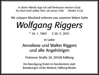 Traueranzeige von Wolfgang Riggers von Cellesche Zeitung