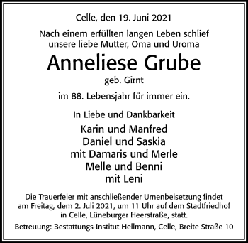 Traueranzeige von Anneliese Grube von Cellesche Zeitung