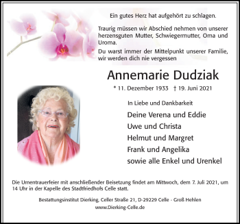 Traueranzeige von Annemarie Dudziak von Cellesche Zeitung