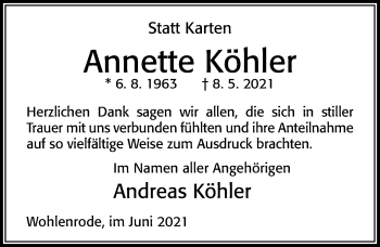 Traueranzeige von Annette Köhler von Cellesche Zeitung