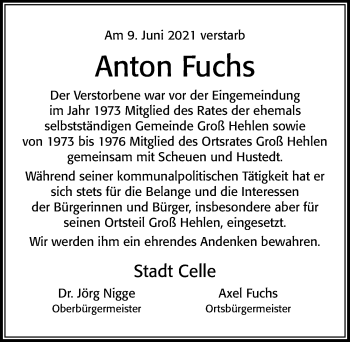 Traueranzeige von Anton Fuchs von Cellesche Zeitung